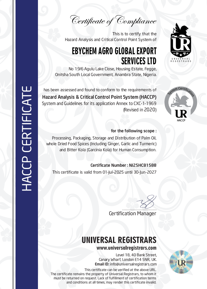 HACCP Certificate of Compliance – Ebychem Agro Global Export Services Ltd